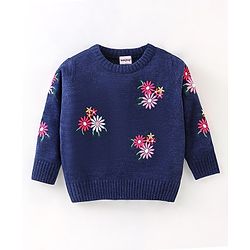 Babyhug Knit Full Sleeves Sweater Floral Design- Navy Blue