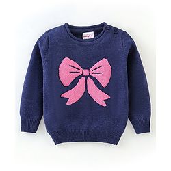 Babyhug Knit Full Sleeves Sweater Bow Design- Navy Blue & Pink