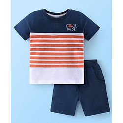 Babyhug 100% Cotton Knit Half Sleeves T-Shirt and Shorts Set Stripes & Cool Dude Print - Blue