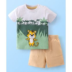 Babyhug Cotton Knit Half Sleeves T-Shirt and Shorts Set Jungle Print - Green & Brown