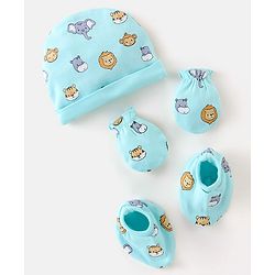 Babyhug 100% Cotton Knit Cap Mitten & Booties Set Lion Print Blue - Diameter 9.5 cm