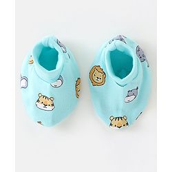 Babyhug 100% Cotton Knit Cap Mitten & Booties Set Lion Print Blue - Diameter 9.5 cm