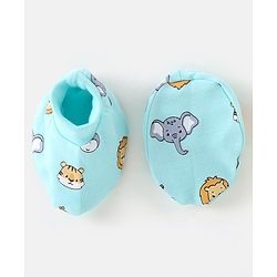 Babyhug 100% Cotton Knit Cap Mitten & Booties Set Lion Print Blue - Diameter 9.5 cm