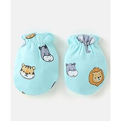Babyhug 100% Cotton Knit Cap Mitten & Booties Set Lion Print Blue - Diameter 9.5 cm