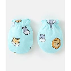 Babyhug 100% Cotton Knit Cap Mitten & Booties Set Lion Print Blue - Diameter 9.5 cm