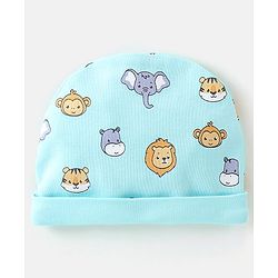 Babyhug 100% Cotton Knit Cap Mitten & Booties Set Lion Print Blue - Diameter 9.5 cm