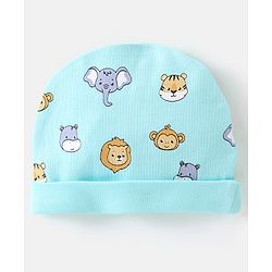 Babyhug 100% Cotton Knit Cap Mitten & Booties Set Lion Print Blue - Diameter 9.5 cm