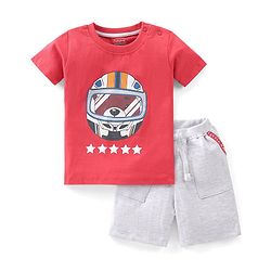 Babyhug Cotton Half Sleeves T-Shirt & Shorts Set Bear Print- Red & White