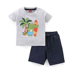 Babyhug Cotton Half Sleeves T-Shirt & Shorts Set Croc Print- Black & White Melange