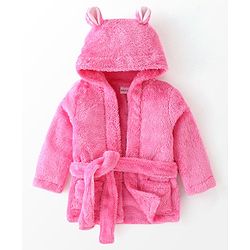 Babyhug Cotton Knit Full Sleeves Solid Color Velour Bath Robe with Hood - Hot Pink