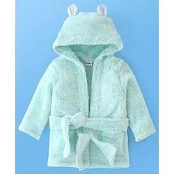 Babyhug Knit Full Sleeves Solid Color Velour Bath Robe with Hood - Aqua Blue