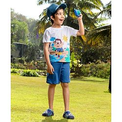 Babyhug Single Jersey Knit Half Sleeves T-Shirt & Shorts Set Monkey Print - White & Blue