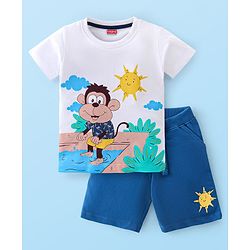 Babyhug Single Jersey Knit Half Sleeves T-Shirt & Shorts Set Monkey Print - White & Blue