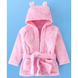 Babyhug Cotton Knit Full Sleeves Solid Color Velour Bath Robe with Hood - Pink