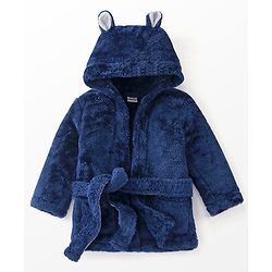 Babyhug Knit Full Sleeves Solid Color Velour Bath Robe with Hood - Navy Blue