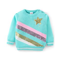 Babyhug Knit Full Sleeves Pullover with Sequin Detailing - Aqua Blue