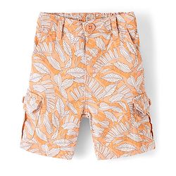 Babyhug Cotton Spandex Above Knee Length Bermuda Leaf Print- Orange