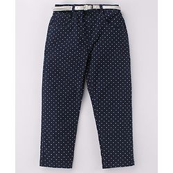 Babyhug Cotton Woven Full Length Trouser with Dot Print - Navy Blue
