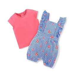 Babyhug Single Jersey Cotton Knit Checked Dungaree with Half Sleeves Tee Floral Print - Coral & Blue