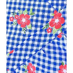 Babyhug Single Jersey Cotton Knit Checked Dungaree with Half Sleeves Tee Floral Print - Coral & Blue