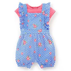 Babyhug Single Jersey Cotton Knit Checked Dungaree with Half Sleeves Tee Floral Print - Coral & Blue