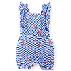 Babyhug Single Jersey Cotton Knit Checked Dungaree with Half Sleeves Tee Floral Print - Coral & Blue