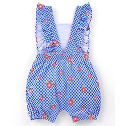 Babyhug Single Jersey Cotton Knit Checked Dungaree with Half Sleeves Tee Floral Print - Coral & Blue