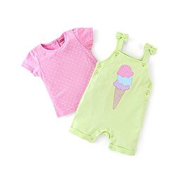 Babyhug 100% Cotton Dungaree With Half Sleeves Inner Tee With Ice Cream Embroidered & Polka Print - Green & Pink