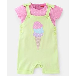 Babyhug 100% Cotton Dungaree With Half Sleeves Inner Tee With Ice Cream Embroidered & Polka Print - Green & Pink