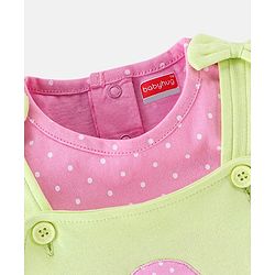 Babyhug 100% Cotton Dungaree With Half Sleeves Inner Tee With Ice Cream Embroidered & Polka Print - Green & Pink