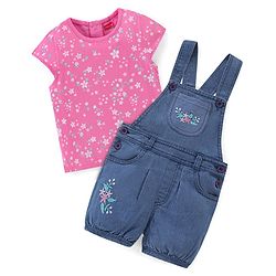Babyhug Cotton Knit Dungaree with Cap Sleeves Inner Tee Floral Print - Pink & Blue