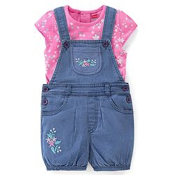 Babyhug Cotton Knit Dungaree with Cap Sleeves Inner Tee Floral Print - Pink & Blue