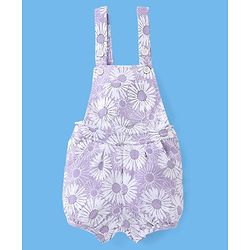Babyhug 100% Cotton Knit Floral Print Dungaree with Half Sleeves Inner Tee - White & Lilac