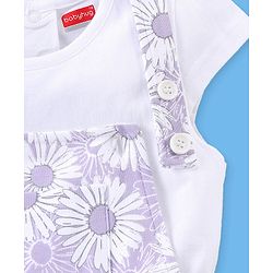 Babyhug 100% Cotton Knit Floral Print Dungaree with Half Sleeves Inner Tee - White & Lilac
