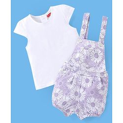 Babyhug 100% Cotton Knit Floral Print Dungaree with Half Sleeves Inner Tee - White & Lilac