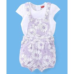 Babyhug 100% Cotton Knit Floral Print Dungaree with Half Sleeves Inner Tee - White & Lilac