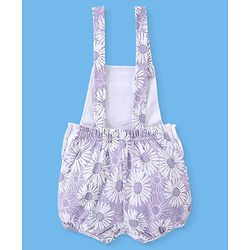 Babyhug 100% Cotton Knit Floral Print Dungaree with Half Sleeves Inner Tee - White & Lilac