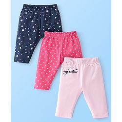 Babyhug Cotton Lycra Three Fourth Leggings Dot & Star Print Pack of 3 - Blue Pink & Peach