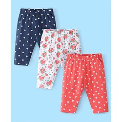 Babyhug Cotton Lycra Three Fourth Length Leggings Heart & Floral Print Pack Of 3- Red White & Blue
