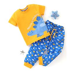Babyhug Cotton Knit Half Sleeves Night Suit Dino Print - Blue & Yellow