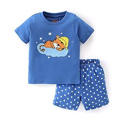 Babyhug Cotton Knit Half Sleeves Night Suit with Star Print - Blue