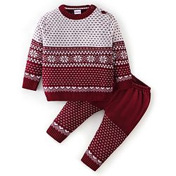 Babyhug Knit Full Sleeves Sweater Set Damask Design - Maroon