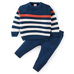 Babyhug Full Sleeves Sweater Set Striped - Navy Blue