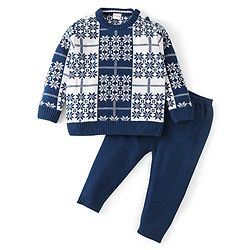 Babyhug Knit Full Sleeves Sweater Set Snowflakes Design - Navy Blue