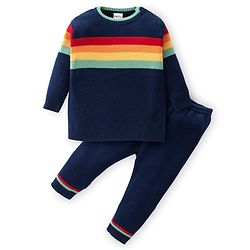 Babyhug Knitted Full Sleeves Striped Sweater Set - Navy