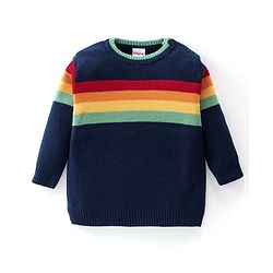 Babyhug Knitted Full Sleeves Striped Sweater Set - Navy