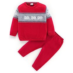 Babyhug Knit Full Sleeves Sweater Set Animal Design - Red