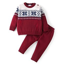 Babyhug Knit Full Sleeves Sweater Set Damask Design - Maroon