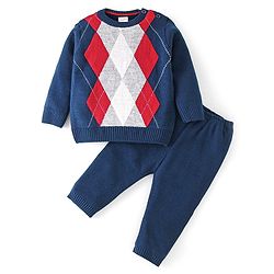 Babyhug Knit Full Sleeves Sweater Set Argyl Design - Navy Blue