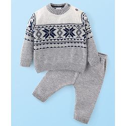 Babyhug Cotton Knit Full Sleeves Sweater Set Cable Knit Design- Grey